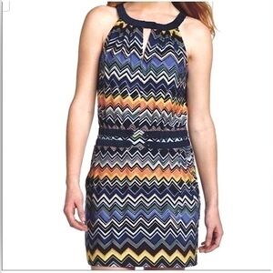 BCBGMAXAZRIA Multicolor Chevron Zigzag Print Halter Mini S Blue/Orange pockets